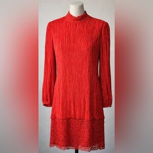 Pierre Labiche Dress Womens 14 Red Pleated Lace Hem Mock Neck Made USA Party‎